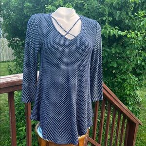 Cubism Blue and White Relaxed V-Neck Tunic- Rayon Blend - Size XS